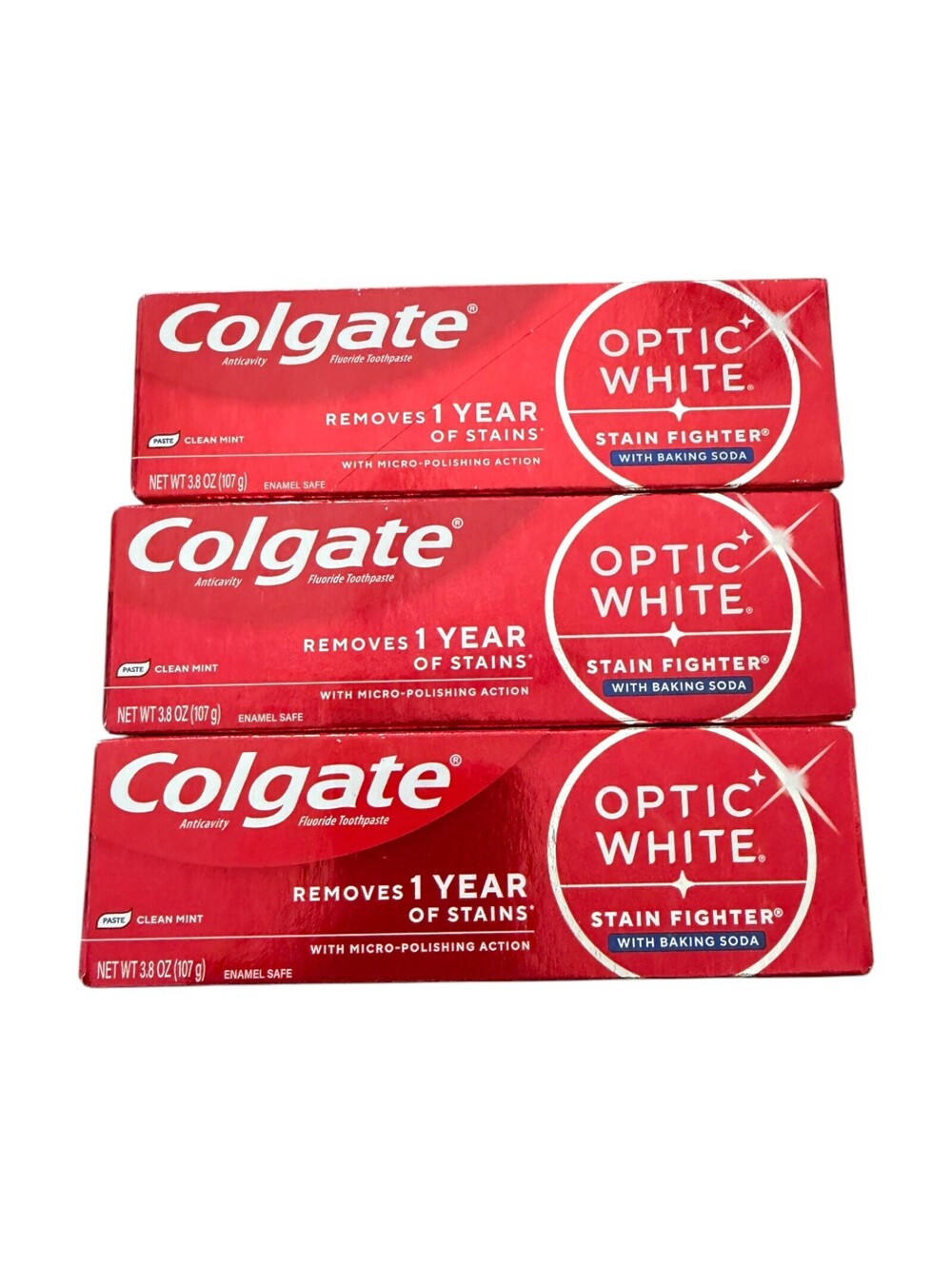 3-pack Colgate Optic White Stain Fighter Whitening Toothpaste Clean Mint 3.8oz